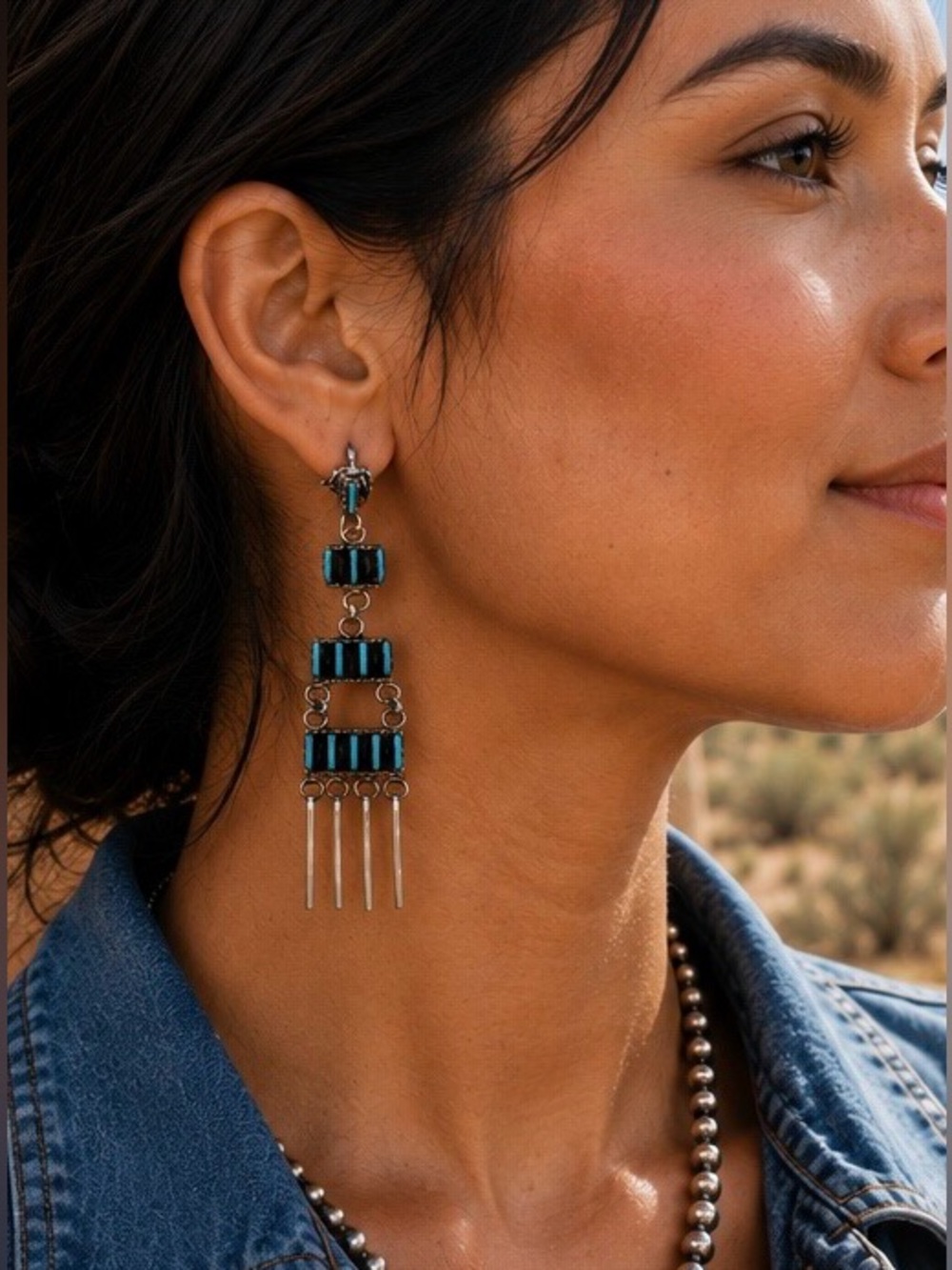 Zuni Native American Sterling Silver Turquoise Needlepoint Dangle Earrings